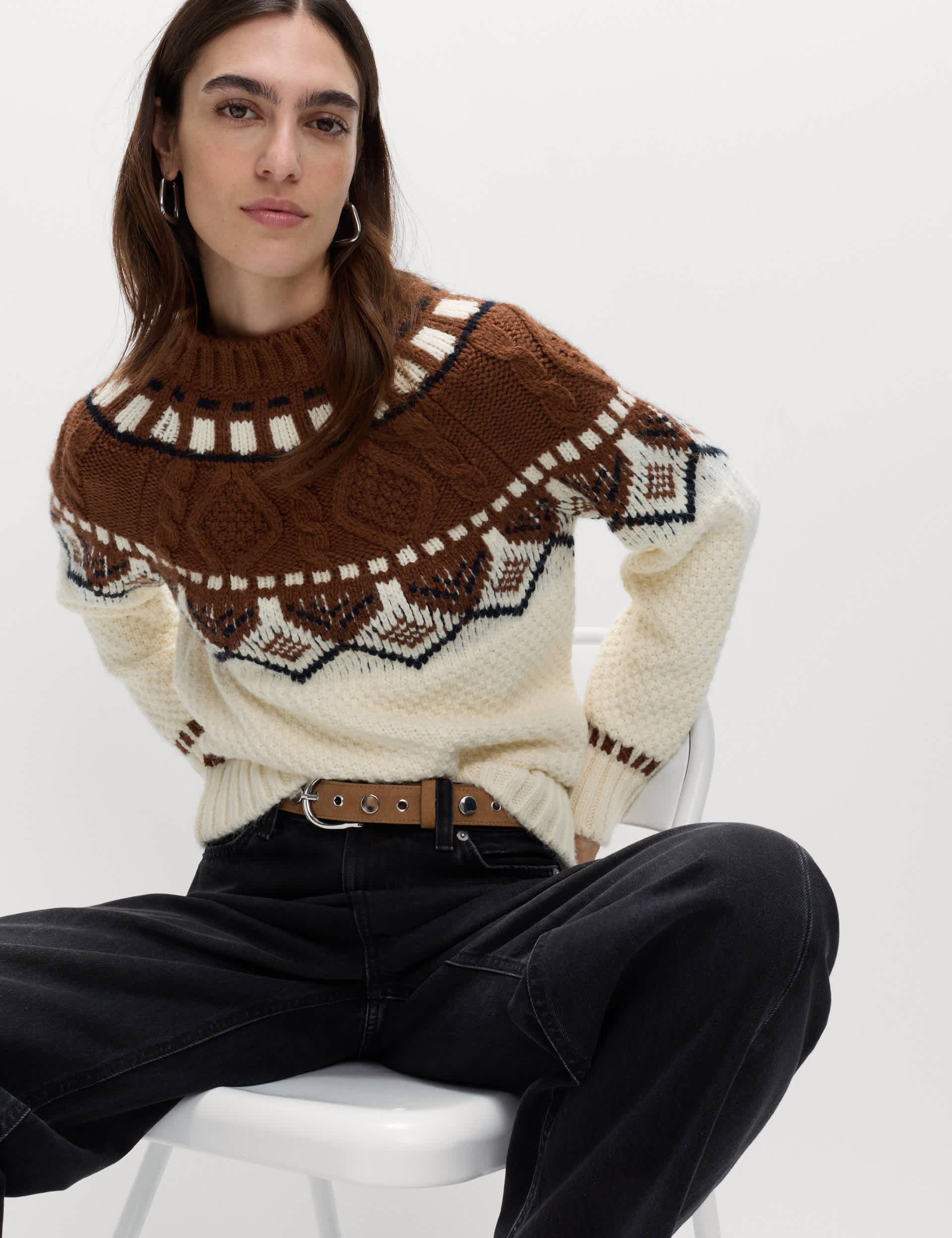 Fair Isle Cable Knit Crew Neck Jumper