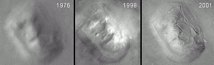Subsequent images of the Face on Mars taken over the years sees the facial features fade away.