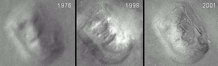 Subsequent images of Mars' face taken over the years show facial features fading away.