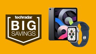 iPad Air and Apple Watch SE on a yellow background next to TechRadar big savings badge
