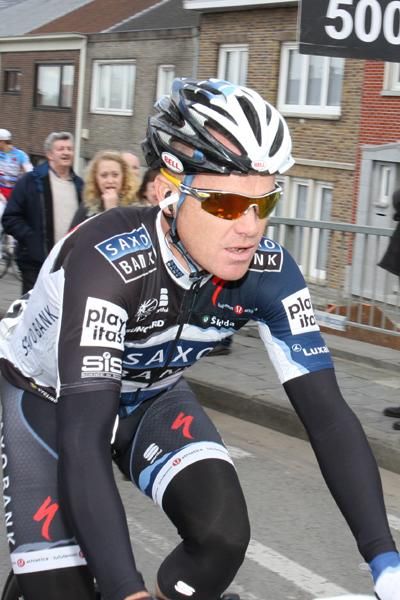 Stuart O'Grady (Saxo Bank) heads to the start.