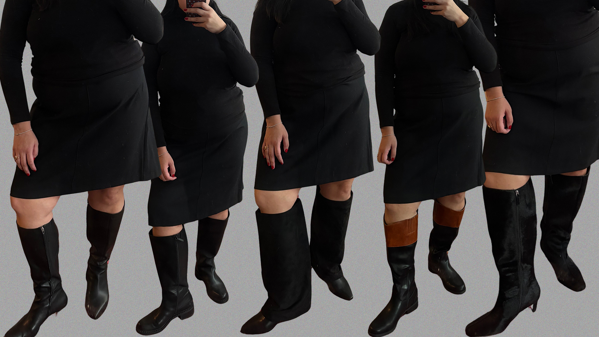 Who What Wear editor Ana Escalante wears different wide-calf boots.
