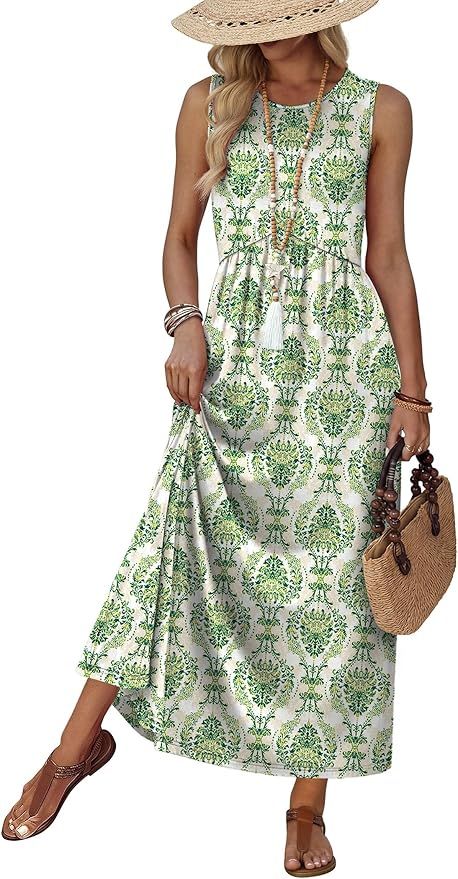 WIHOLL, Womens Dresses Midi Maxi Summer Dresses Long Casual Sundresses With Pockets 2026 Beach Vacation Clothes Maternity Babydoll Dress Empire Waist Trendy Cruise Outfits Spring Green L