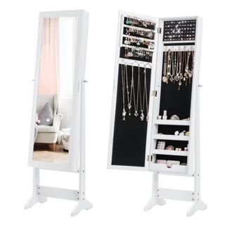 Two white rectangular mirrors, with one open with black lining and jewelry in it