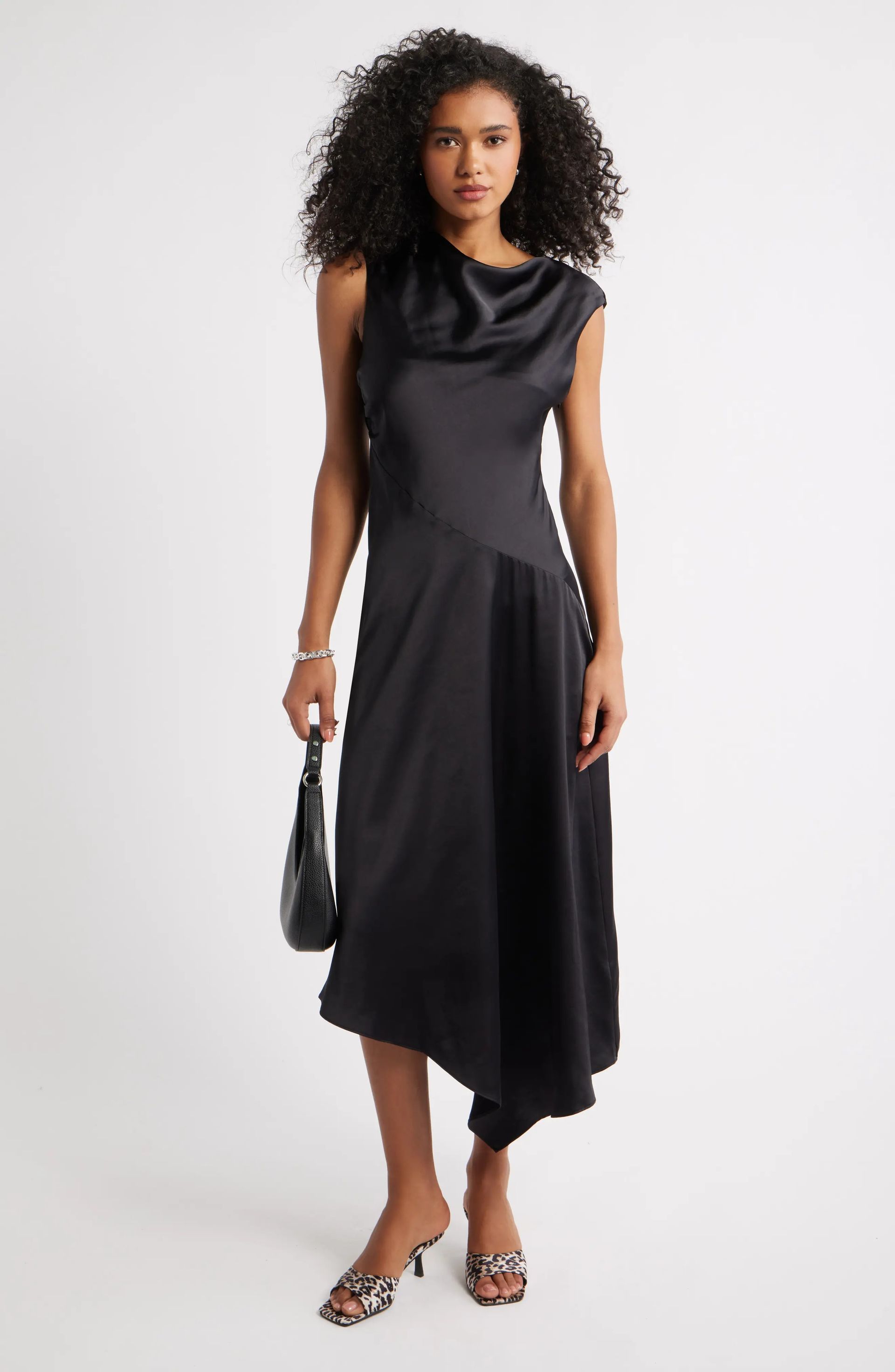 Open Edit, Cowl Neck Asymmetric Satin Midi Dress