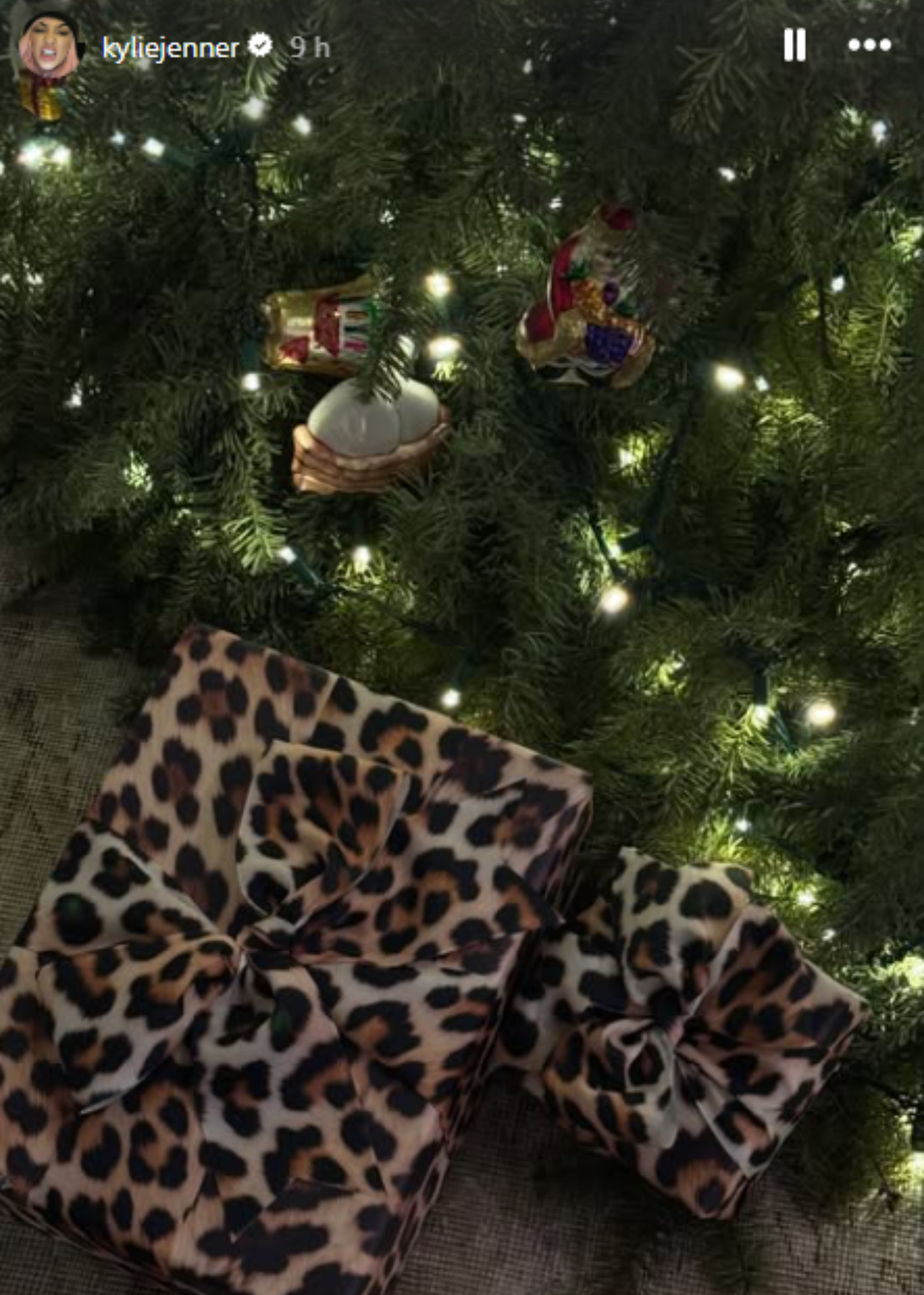 A pair of leopard print wrapped presents under a Christmas tree