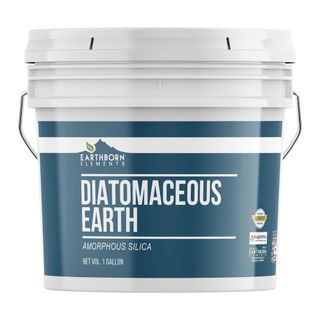 A gallon of Diatomaceous Earth in a plastic container
