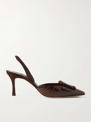 Mayslibi 70 Buckled Suede-Trimmed Croc-Effect Leather Slingback Pumps