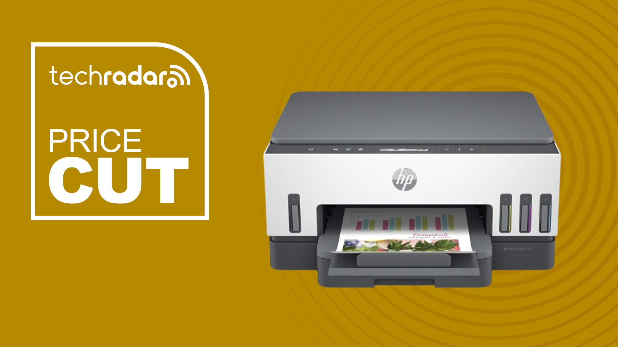 HP Smart Tabk 6001 printer deal on a TechRadar template with wording &#039;price cut&#039;