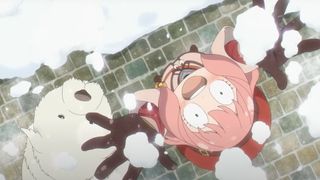 Anya and Bond playing in the snow during the anime movie Spy x Family: Code White.