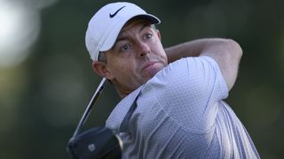 Masters champion Rory McIlroy of Northern Ireland plays a stroke from the No. 18 tee during the second round of the Masters at Augusta National Golf Club, Friday, April 10, 2026.