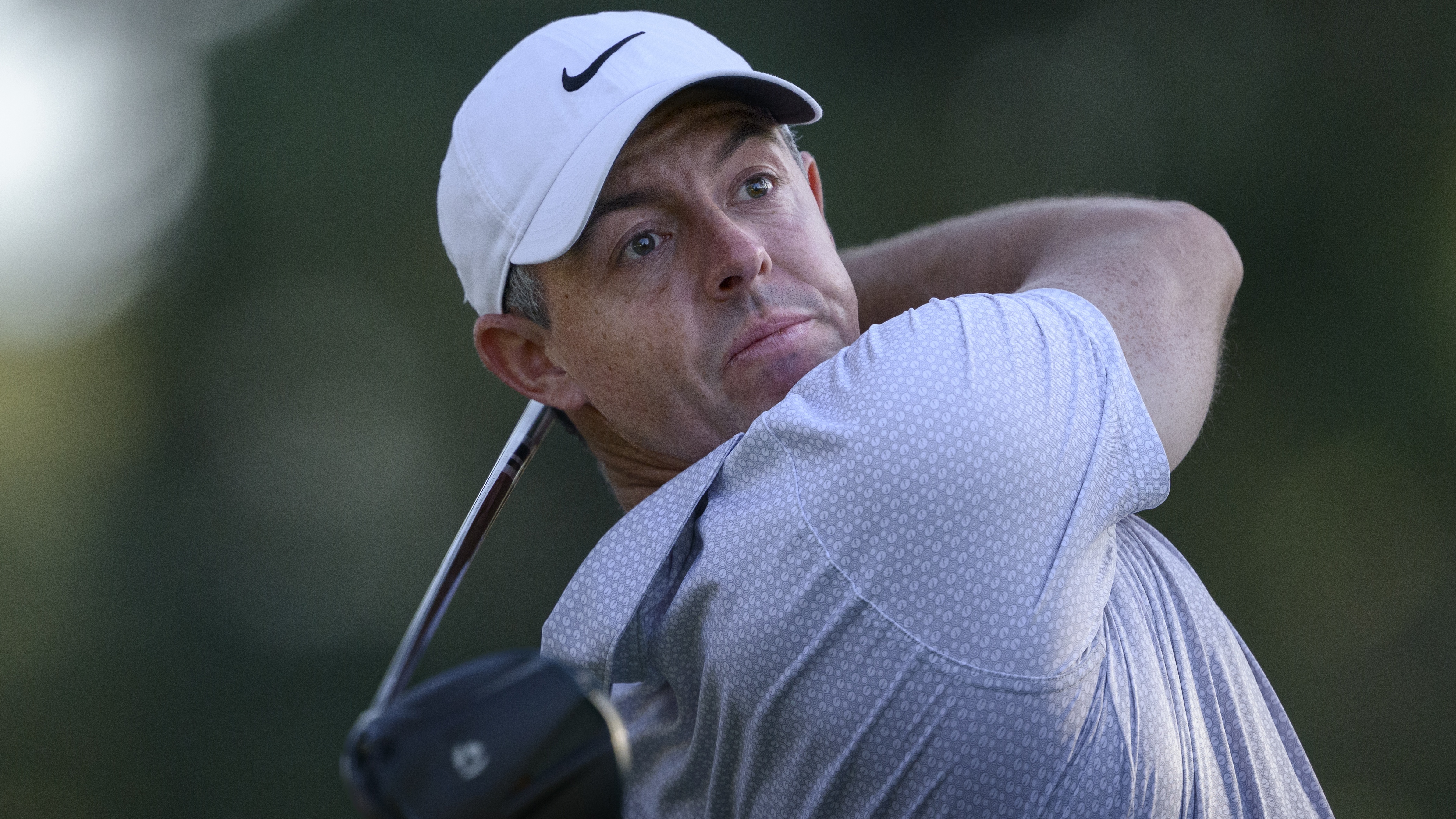 Masters champion Rory McIlroy of Northern Ireland plays a stroke from the No. 18 tee during the second round of the Masters at Augusta National Golf Club, Friday, April 10, 2026. 