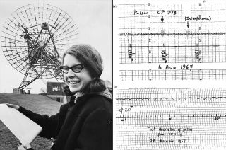 Jocelyn Bell with the chart capturing the moment she discovered the first pulsar.