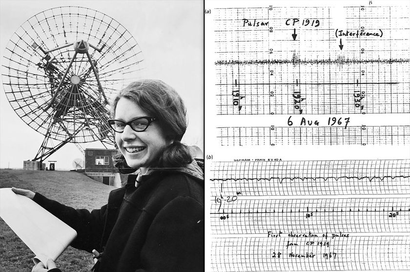 Jocelyn Bell with the chart capturing the moment she discovered the first pulsar.