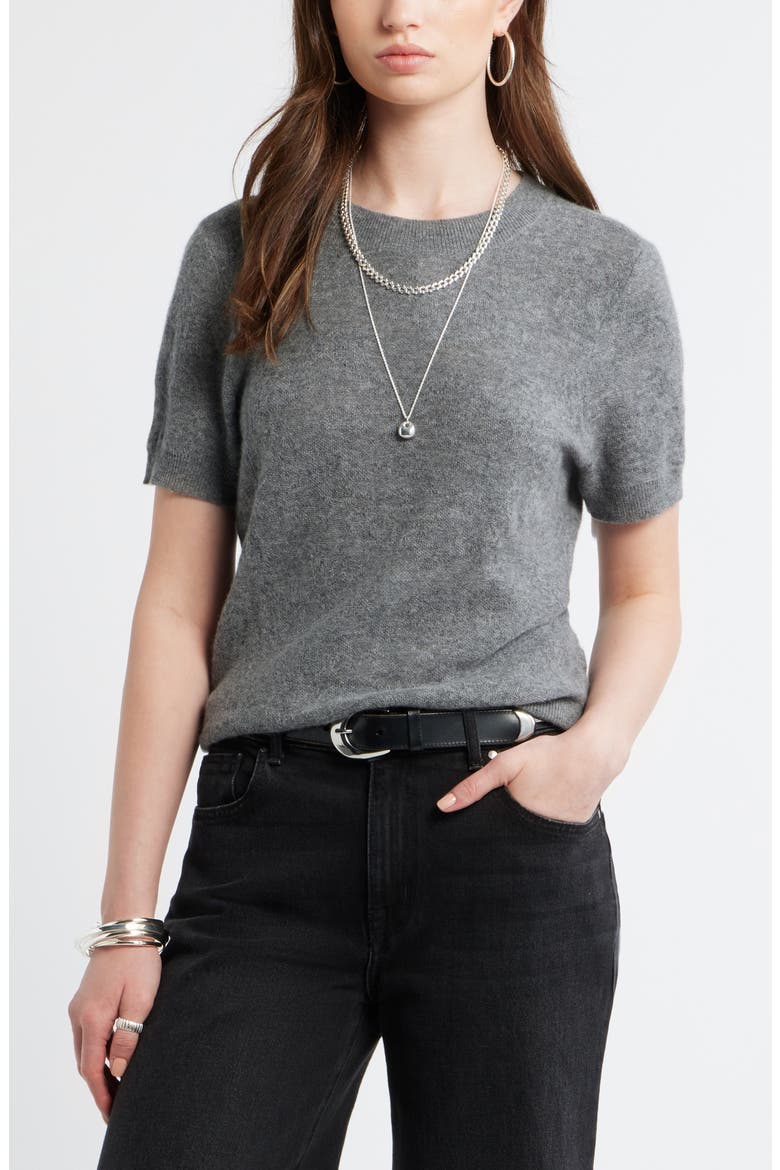 Floral Jacquard Short Sleeve Wool & Cashmere Sweater