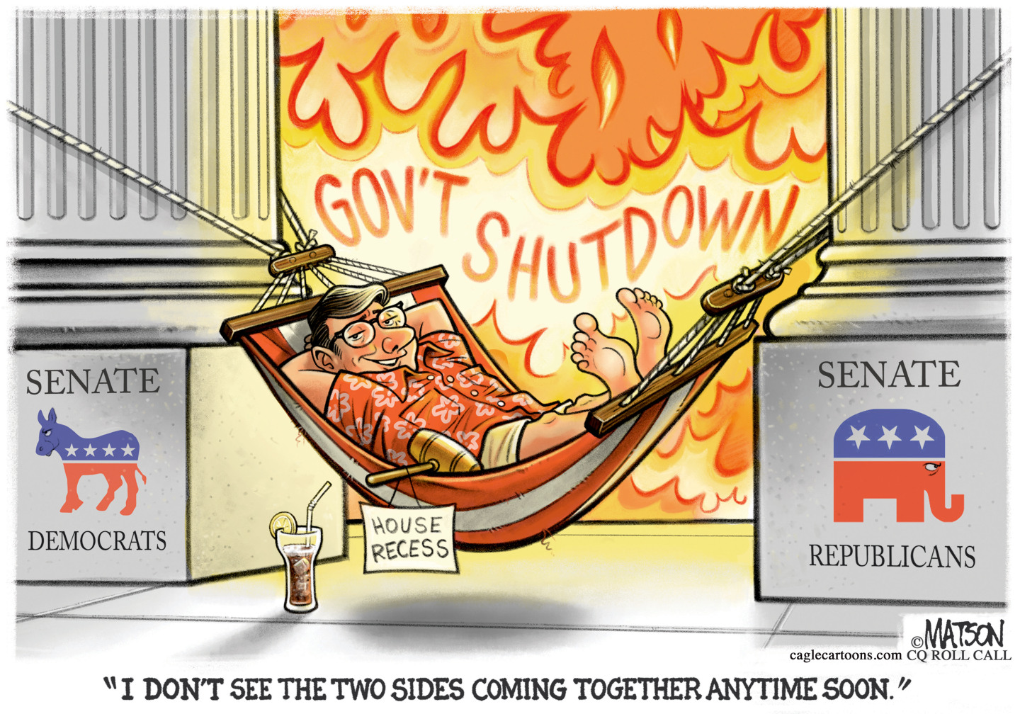 This political cartoon depicts Speaker of the House Mike Johnson relaxing in a hammock during the House recess and government shutdown. He has his heads behind his head, wears a tropical shirt, and smiles. There&#039;s a tropical drink nearby and the hammock hangs from two pillars labeled &amp;quot;Senate Democrats&amp;quot; and &amp;quot;Senate Republicans.&amp;quot; Johnson says, &amp;quot;I don&#039;t see the two sides coming together anytime soon.&amp;quot;