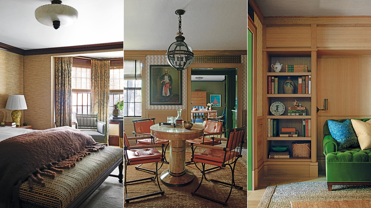 This Federal-style brownstone mixes historical features with layers of bold colors (including a lime green kitchen) |