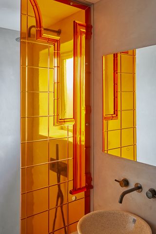 shower with orange walls