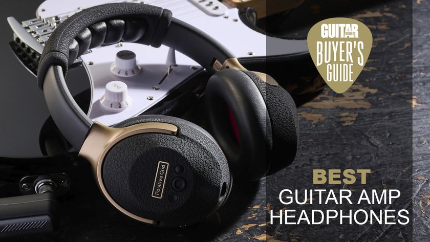 A pair of Positive Grid Spark Neo guitar amp headphones resting on an electric guitar