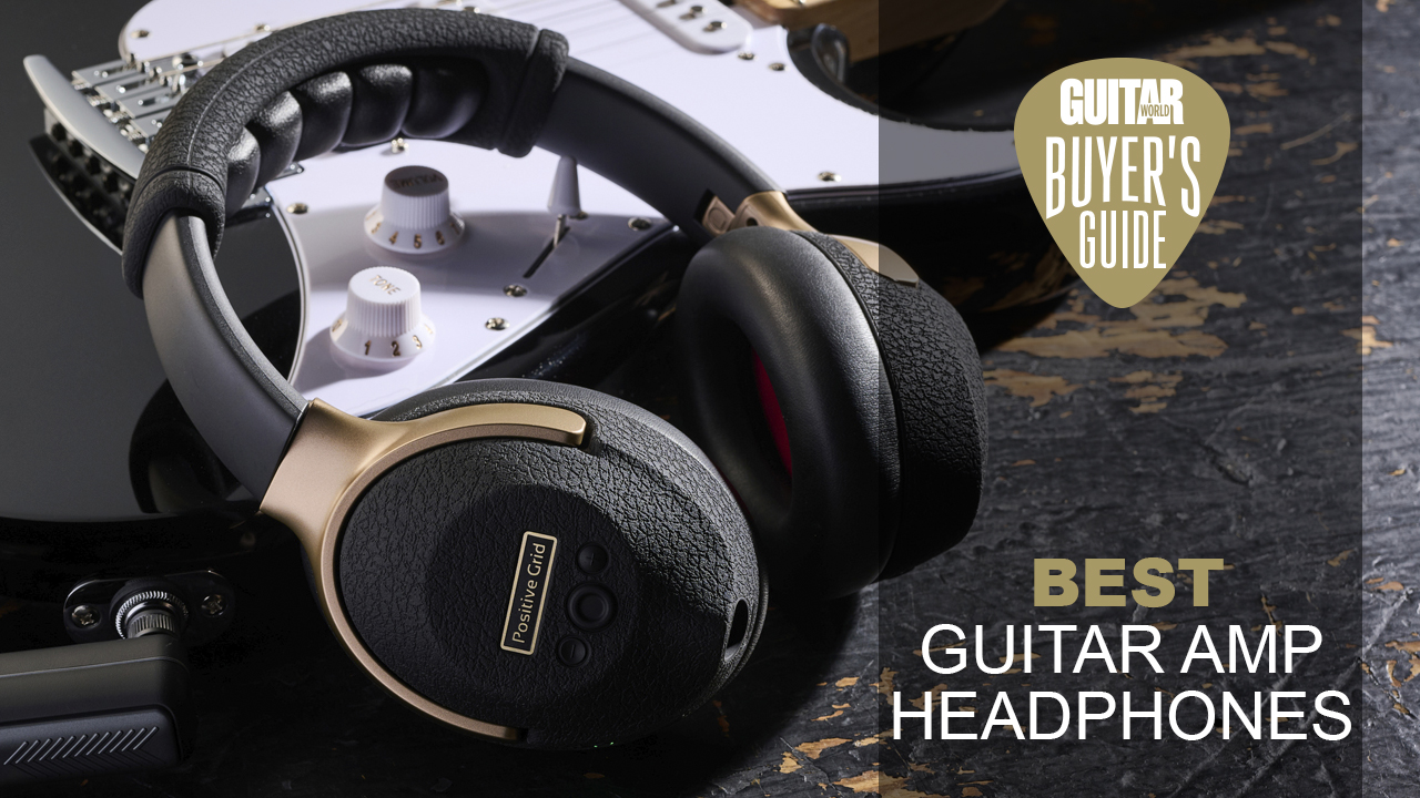 A pair of Positive Grid Spark Neo guitar amp headphones resting on an electric guitar
