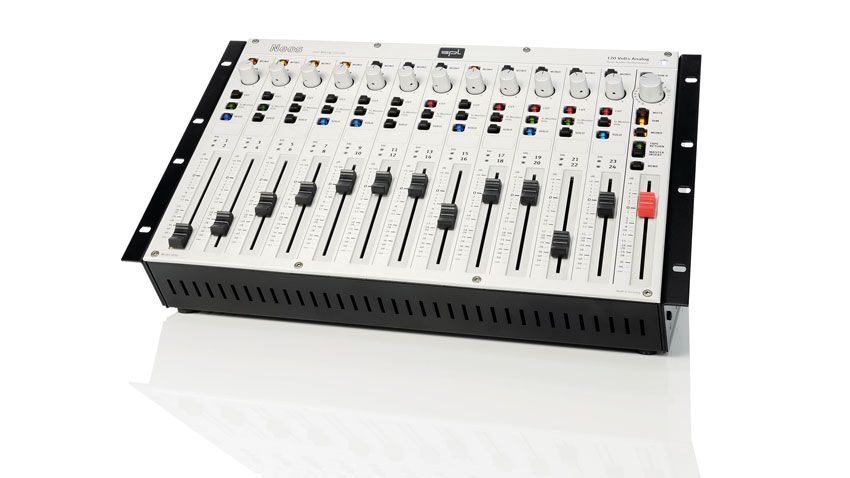 The 24 channels are arranged as 12 stereo channels bussed to a stereo output and a monitor section that controls two sets of stereo speakers