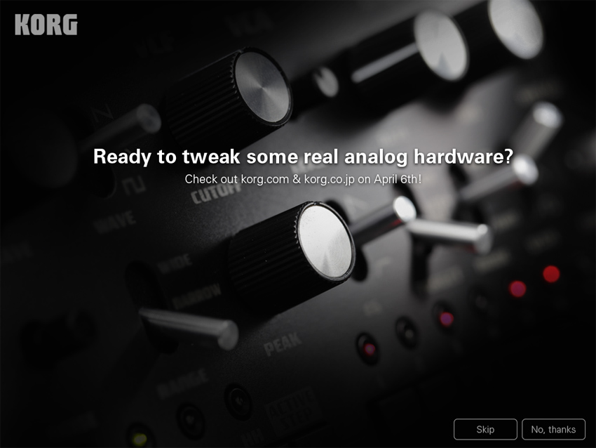 This screen is currently appearing when you open Korg&#039;s iMS-20 on the iPad.