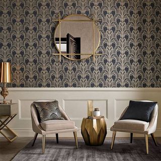 Art deco style painted wood panelling with patterned wallpaper above dado rail height
