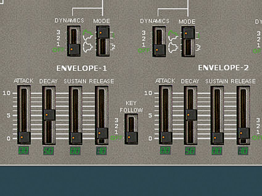 In the Mixer, push both DCO faders up to 99 and switch HPF to 1. On the row below, set all the sliders to 00 (to disable modulation), apart from Key Follow - set that to 50. Turn the Chorus and all Key Follow and Dynamics switches Off for a flat, hard tone. Set all Mode switches to the top, then set both envelopes to 00 Attack, 50 Decay, 00 Sustain and 10 Release.
