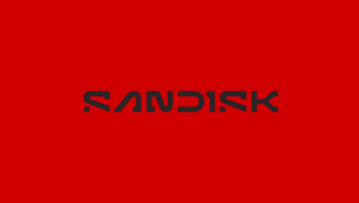 An image of the revamped 2024 Sandisk logo on red background.