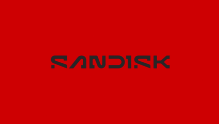 An image of the revamped 2024 SanDisk logo on red background.