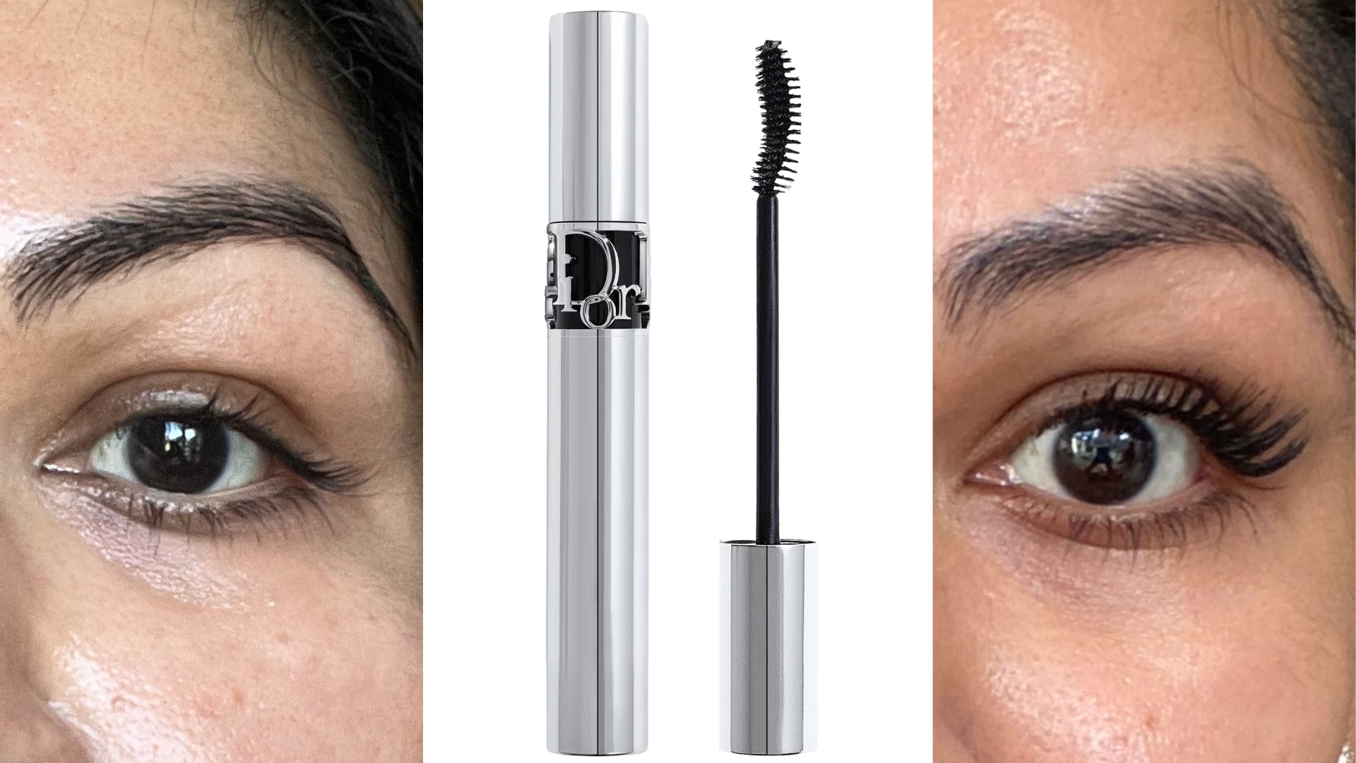 Before applying the mascara on the left, the Dior Diorshow Iconic Overcurl mascara in the middle and after applying the mascara on the right
