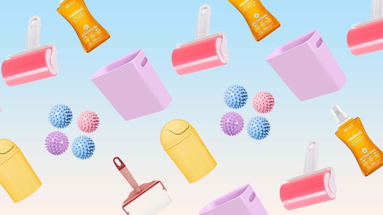 a pastel collage of laundry room essentials