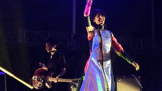 Nick Zinner and Karen O of The Yeah Yeah Yeahs perform on stage during Riot Fest 2022 at Douglass Park on September 18, 2022 in Chicago, Illinois.