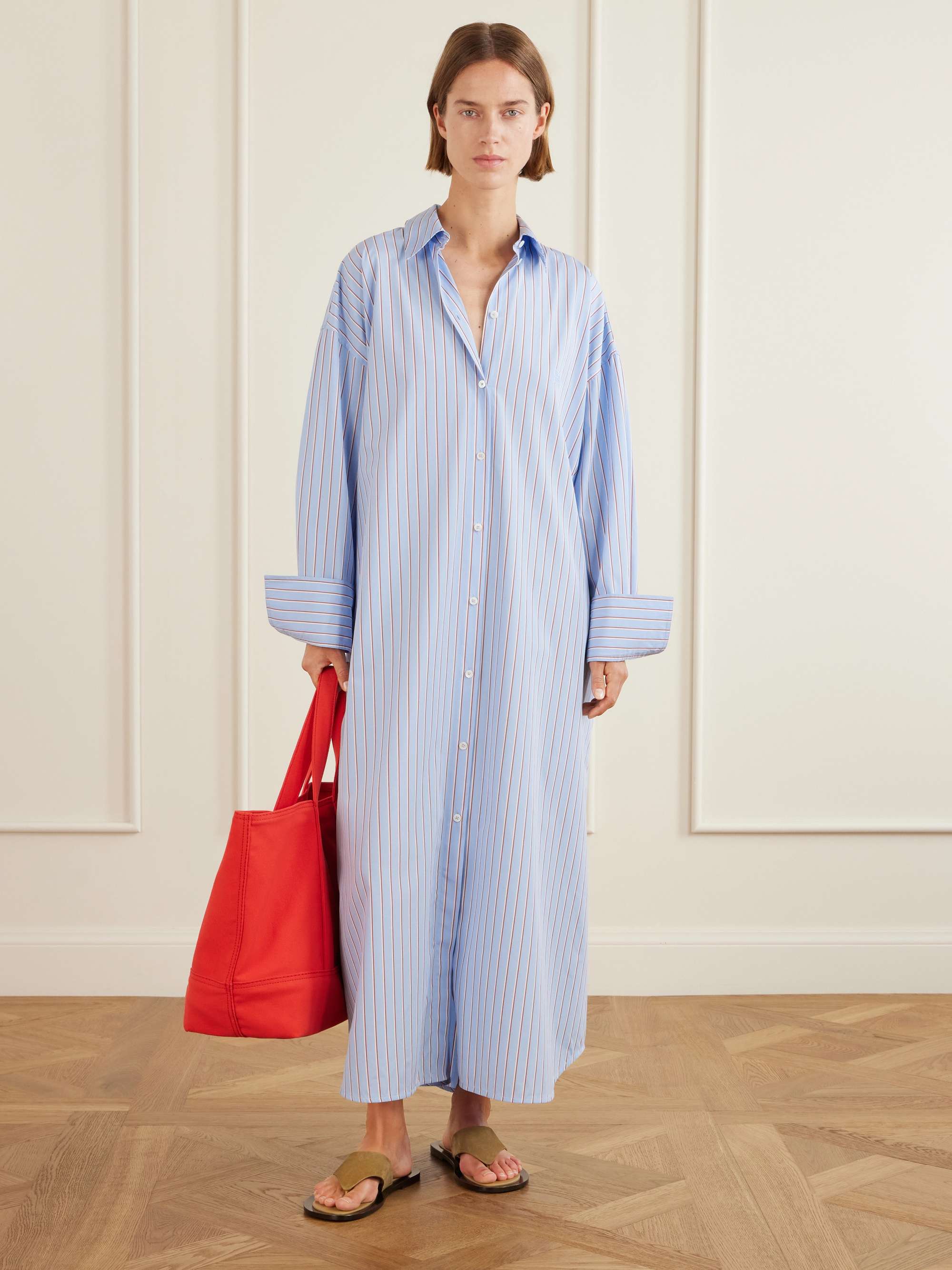 Belted Striped Cotton-Poplin Maxi Shirt Dress