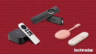 Best streaming device buying guide composite image featuring the Apple TV, Amazon TV Stick and Google Chromecast