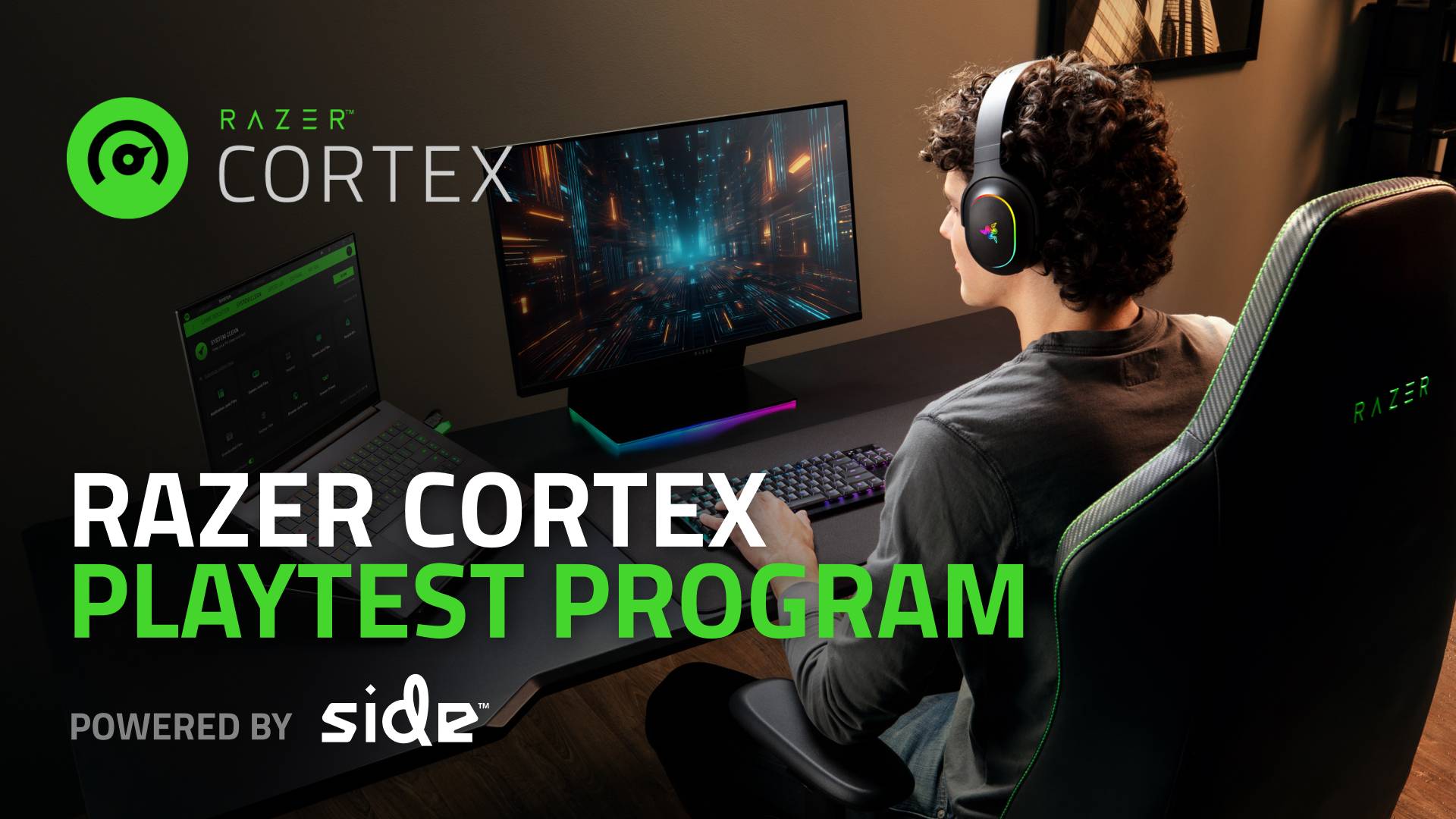 Razer Cortex Playtest Program marketing image with person with headphones playing games on monitor display