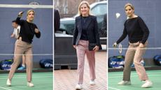 Composite of three pictures of Duchess Sophie wearing white Puma trainers during a visit to the All England Open Badminton Championships 