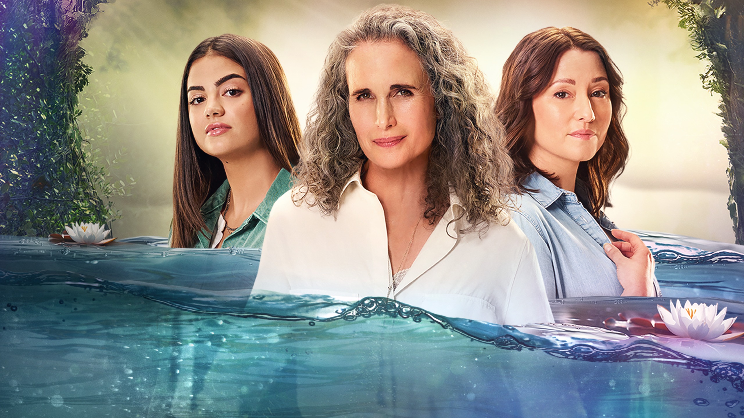 The Way Home key art. (L-R): Sadie Laflamme-Snow as Alice Dhawan, Andie MacDowell as Del Landry and Chyler Leigh as Kat Landry with their shoulders above water.
