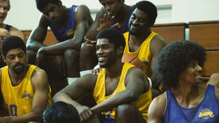 DeVaughn Nixon, Quincy Isaiah and Delante Desouza as Norm, Magic and Michael sitting in practice in Winning Time sesaon 2 episode 1