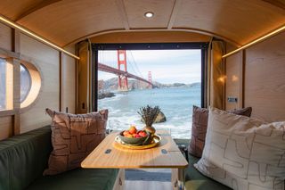 The wood-lined interior of the RollAway camper