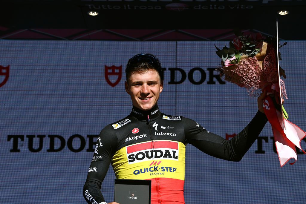 ORTONA ITALY MAY 06 Remco Evenepoel of Belgium and Team Soudal Quick Step celebrates at podium as stage winner during the 106th Giro dItalia 2023 Stage 1 a 196km individual time trial from Fossacesia Marina to Ortona UCIWT on May 06 2023 in Ortona Italy Photo by Tim de WaeleGetty Images