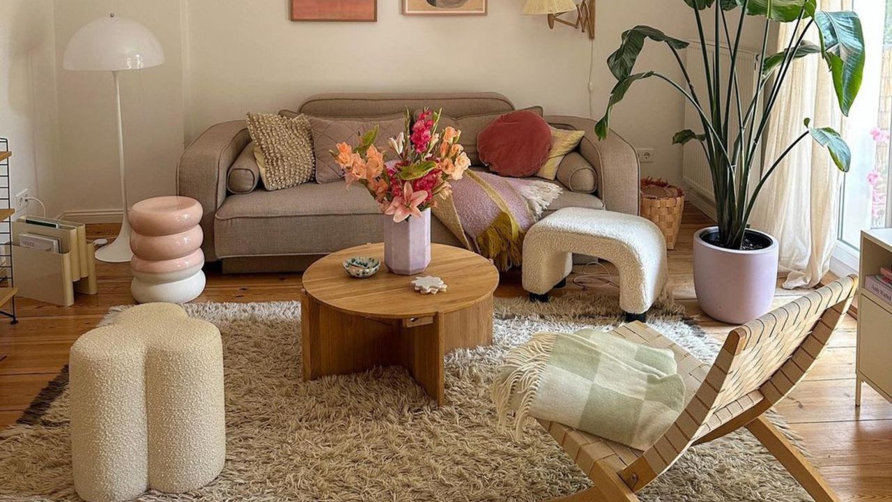 Living room with wooden coffee table &amp; beige rug