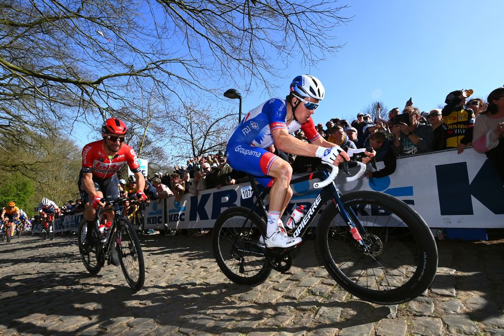 WEVELGEM BELGIUM MARCH 27 LR Victor Campenaerts of Belgium and Team Lotto Soudal and Arnaud Demare of France and Team Groupama FDJ compete through Kemmelbergweg cobblestones sector during the 84th GentWevelgem in Flanders Fields 2022 Mens Elite a 2488km one day race from Ypres to Wevelgem GWE22 WorldTour on March 27 2022 in Wevelgem Belgium Photo by Tim de WaeleGetty Images