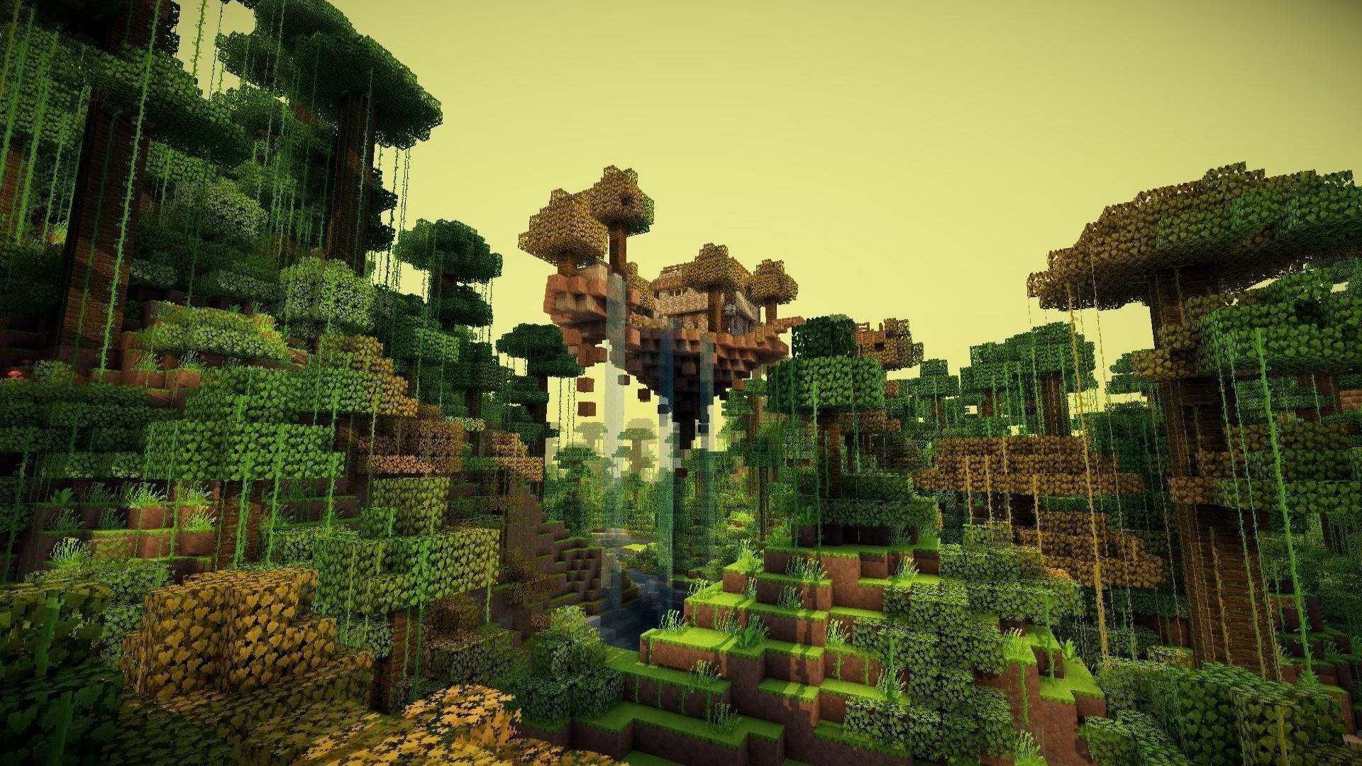 best co-op games: a forest in Minecraft at dusk