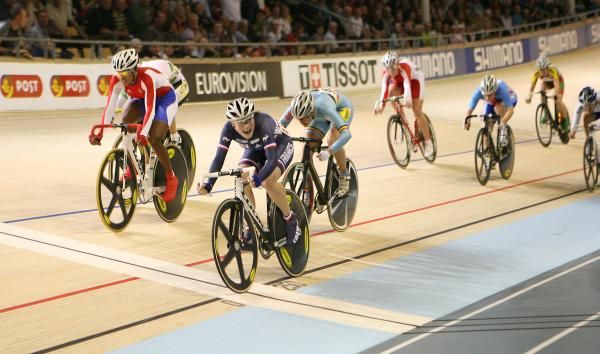 Pascale Jeuland (France) watches herself on the big screen as she wins gold medal in the women's scratch race.