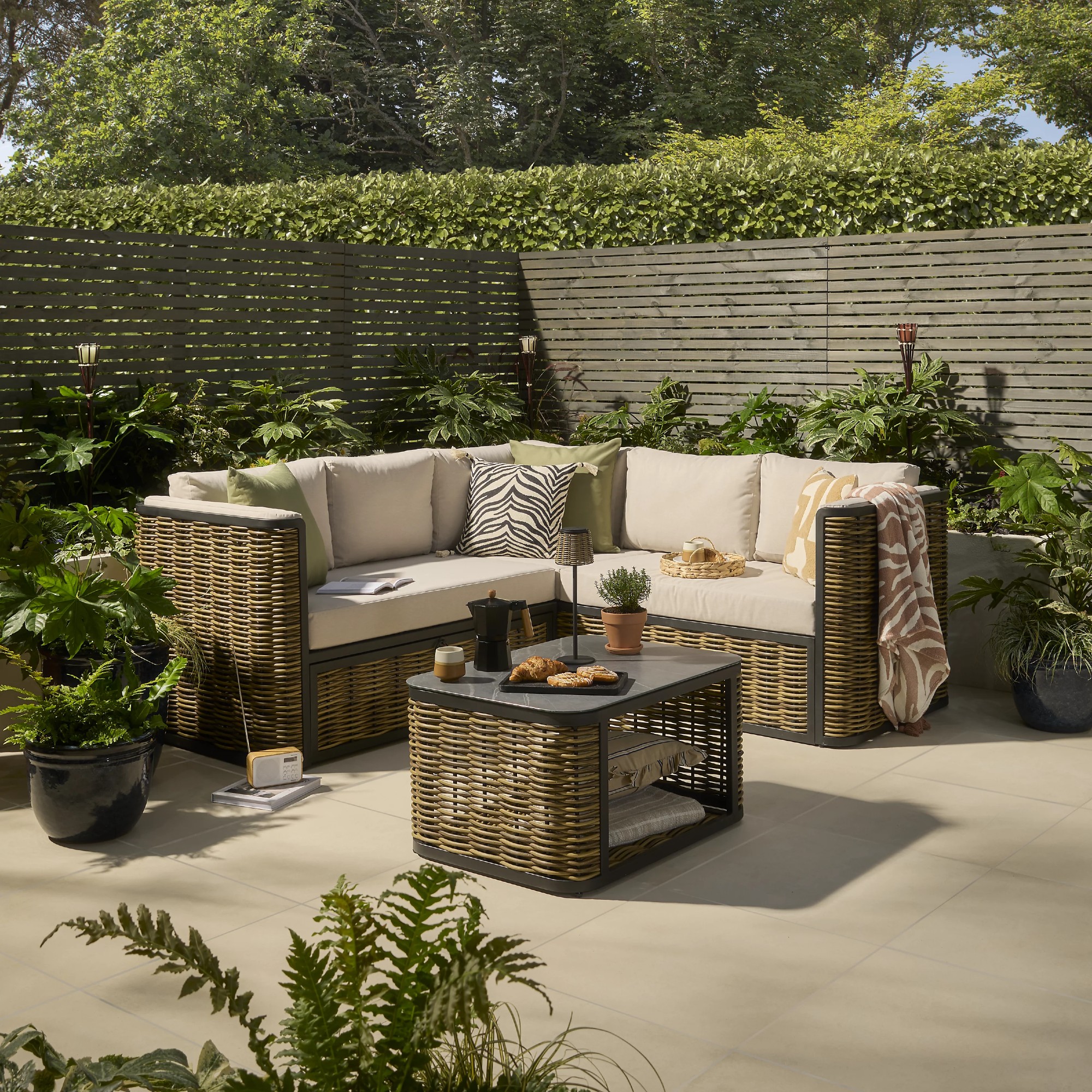 GoodHome Atar Beige Rattan effect 5 Seater Corner Coffee set in a garden