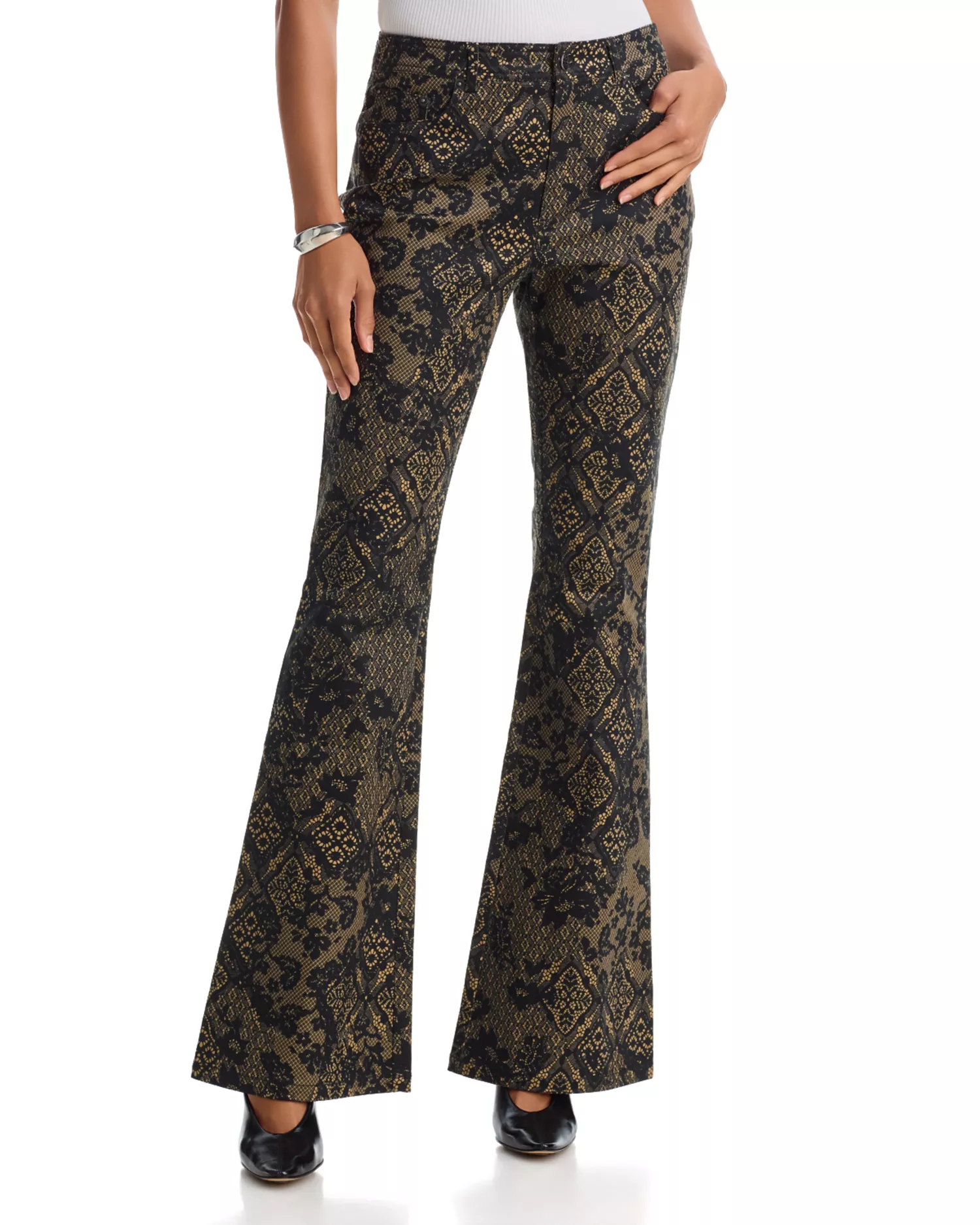 Charlie Printed Patchwork Lace High Rise Flare Jeans in Biscotti/black
