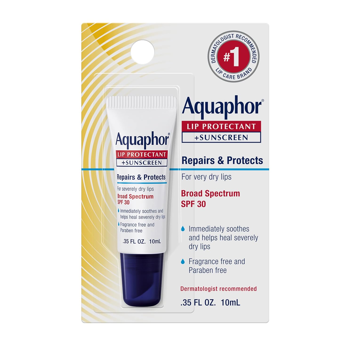 Aquaphor Lip Protectant and Sunscreen Ointment - Broad Spectrum Spf 30 - Relieves Chapped Lips - .35 Fl. Oz. Tube