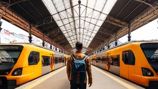 A man wearing a jacket and a backpack stands with his back to the camera, walking down a train platform with an orange train either side of him and a large station roof above.