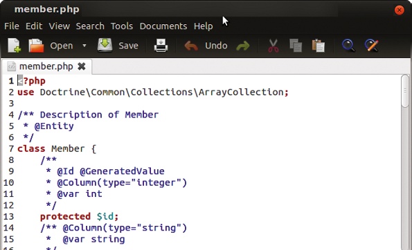 The gedit app on Linux is one of the fastest ways to modify code, and has syntax highlighting for many languages. It uses the Doctrine ORM system